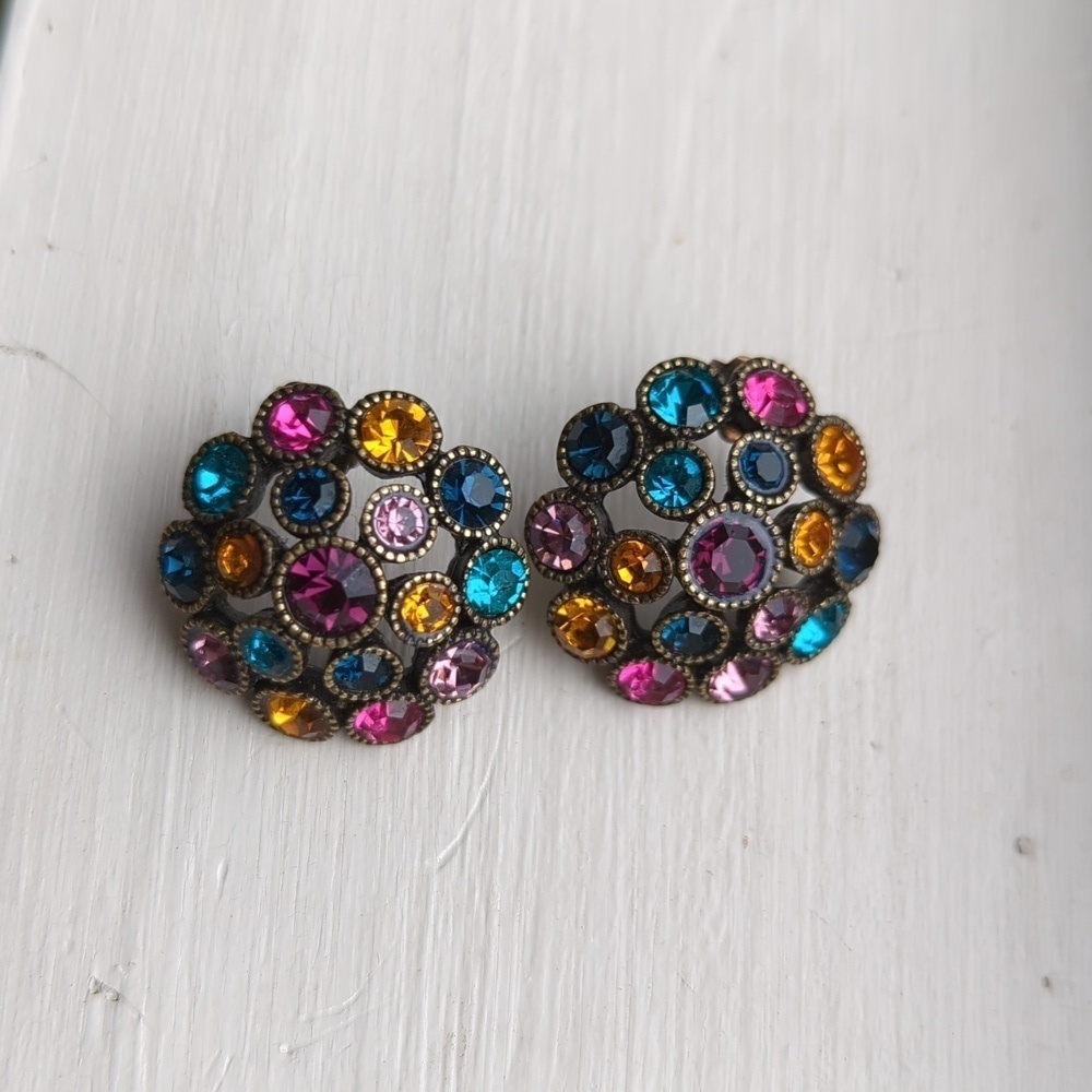 Rhinestone Earrings Multi Color pink amber teal floral pattern vintage post dome